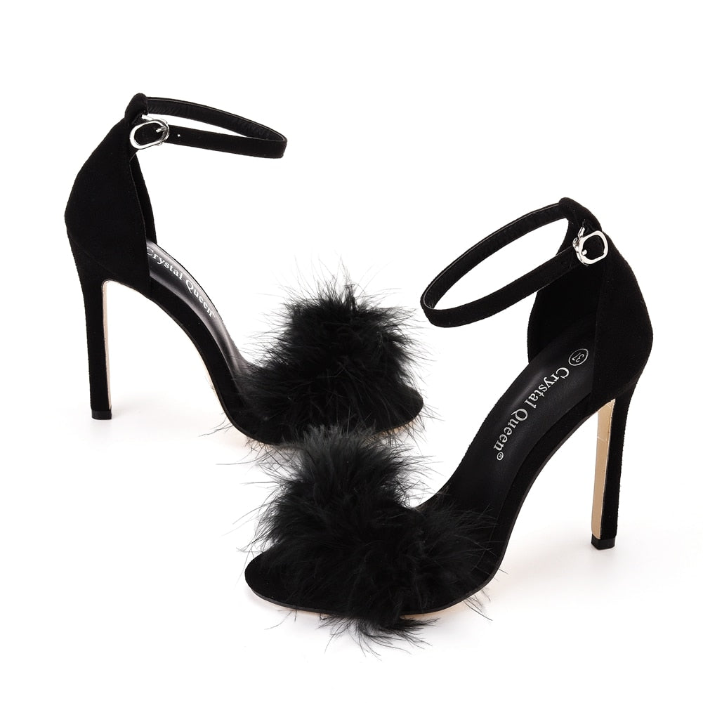 Flauschige Peep Toe Stilettos mit Fellfeder